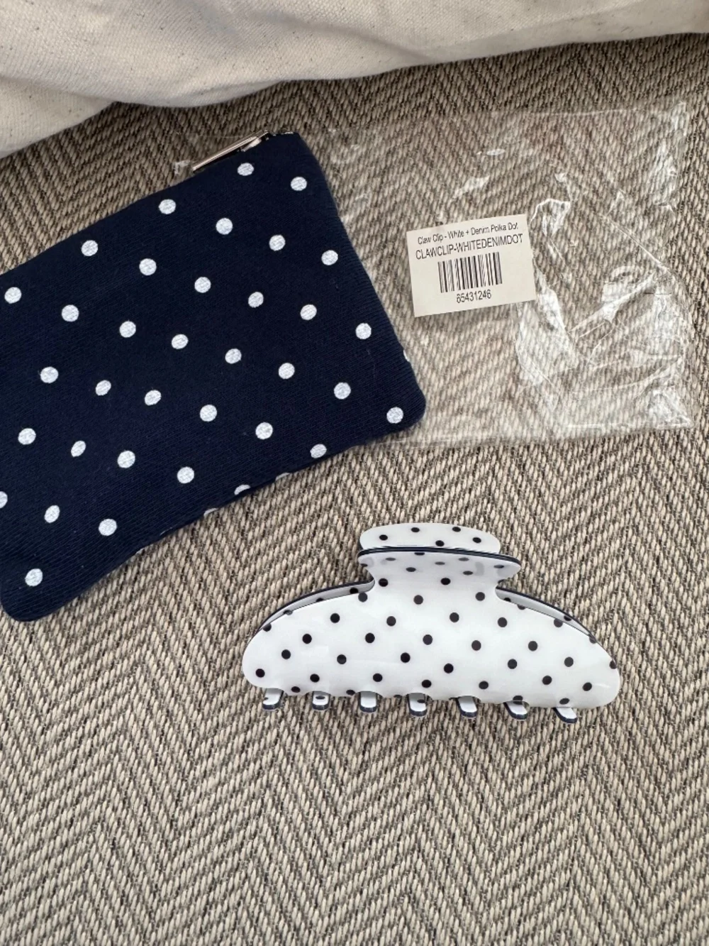 Parke Polka Dot Claw Clip Set of 3 Denim Blue White Black Hair Accessories w bag